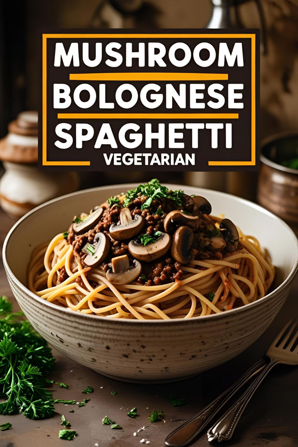 Bowl of mushroom bolognese spaghetti garnished with fresh parsley and garlic bread on the side.