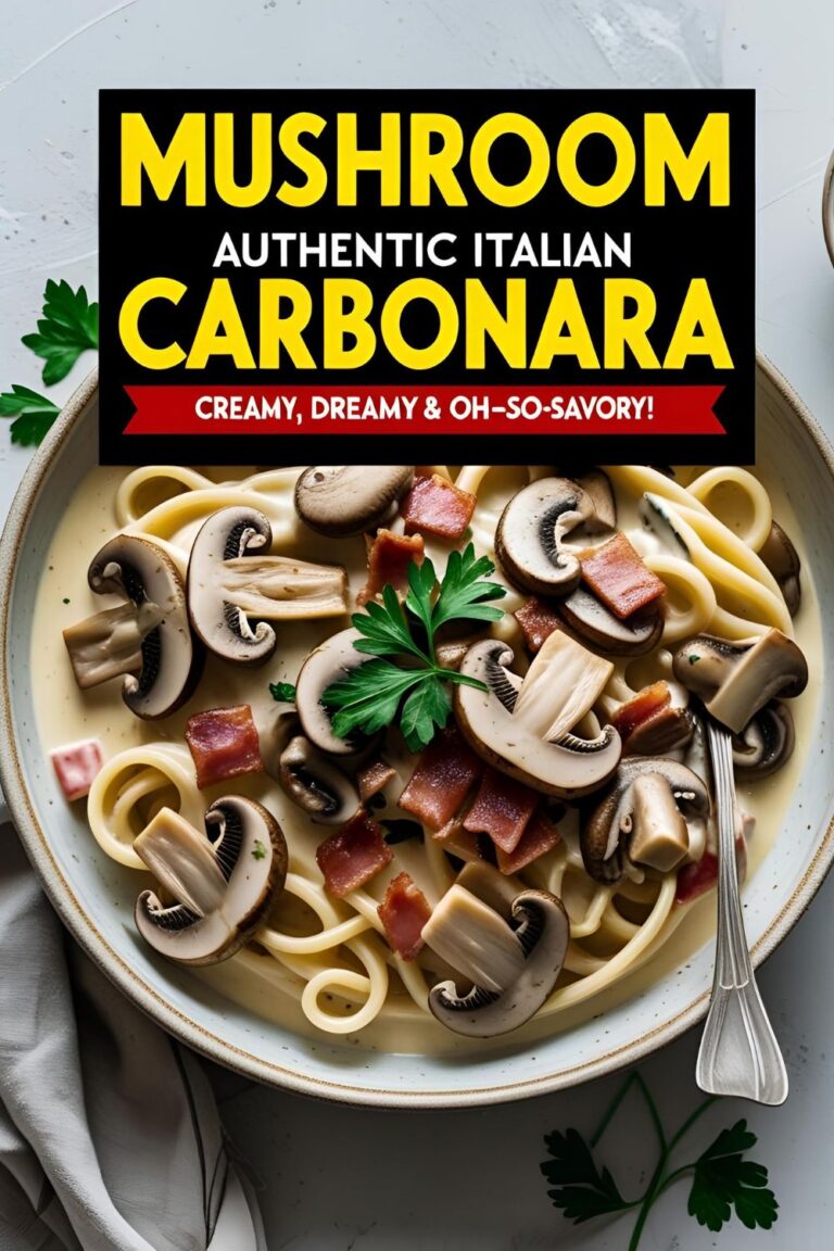 Creamy mushroom carbonara plated with cheese and pancetta in a rustic Italian setting