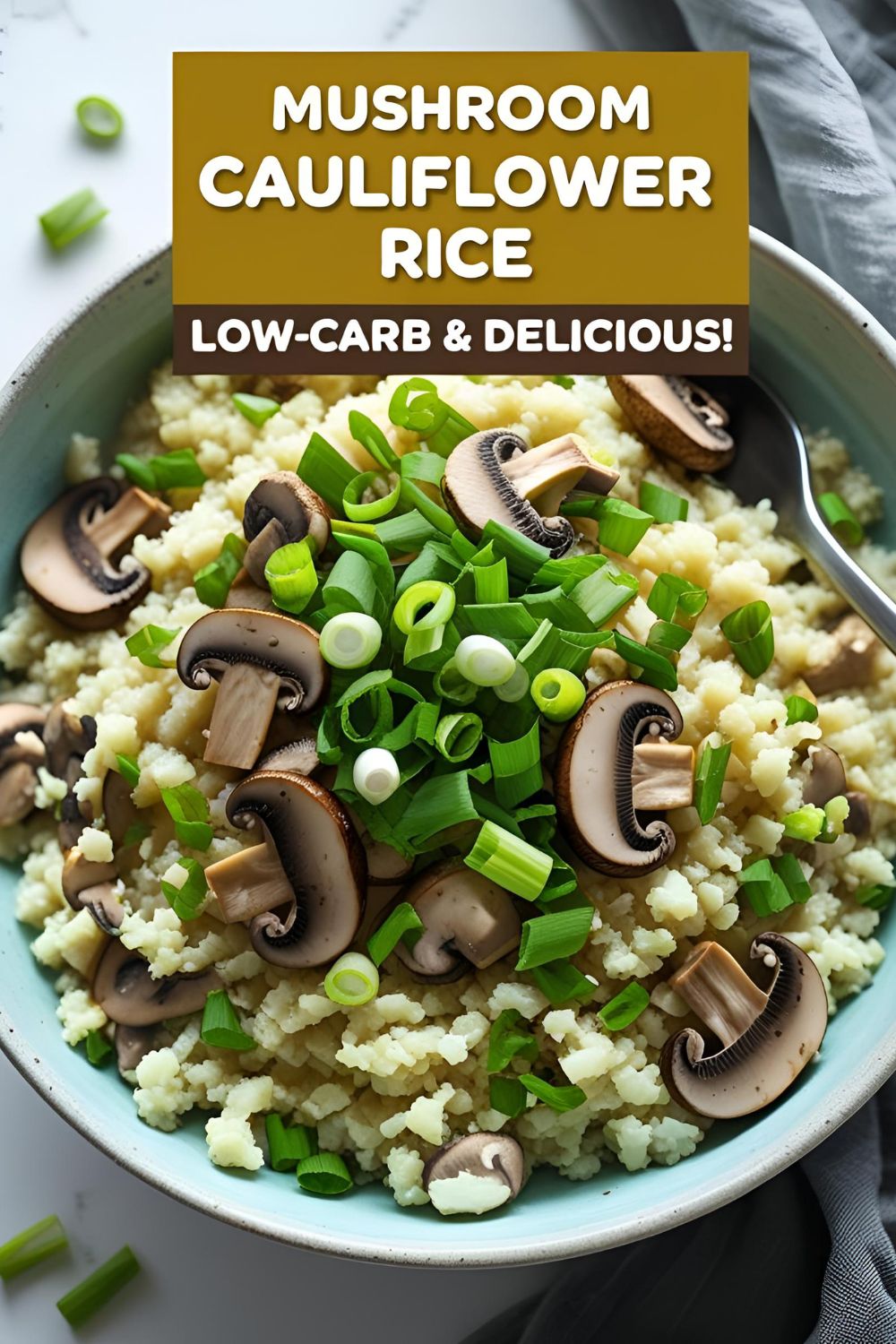A bowl of mushroom cauliflower rice garnished with green onions, showcasing a healthy and delicious low-carb meal."
