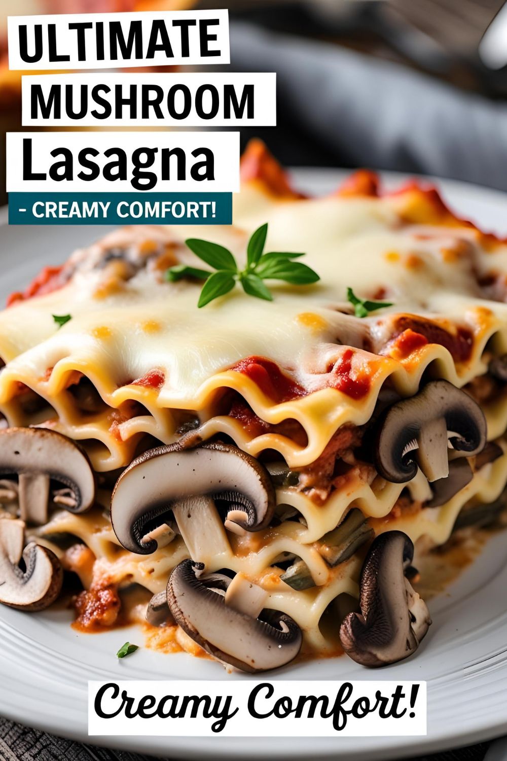 Fork lifting cheesy strand from a creamy mushroom lasagna slice, showing sauce and mushroom layers.
