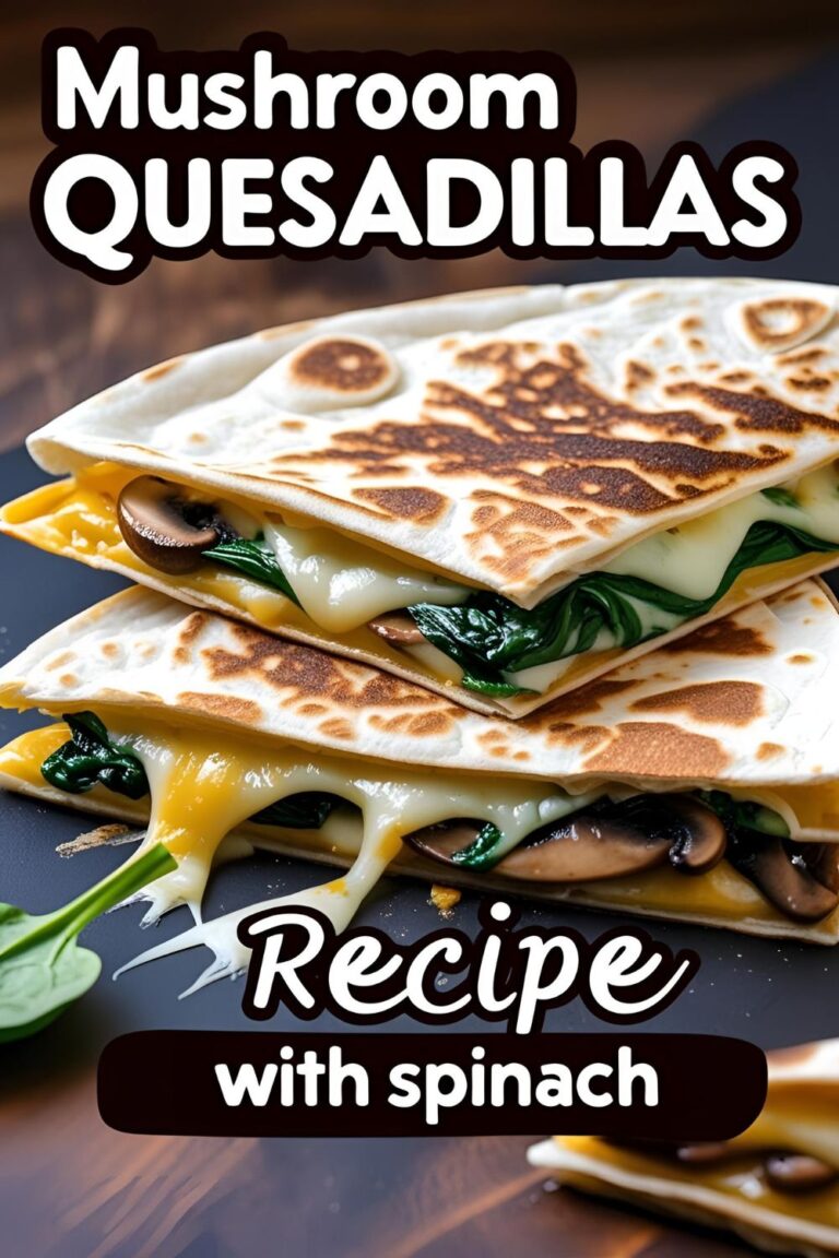 Close-up of a sliced mushroom and spinach quesadilla with melted cheese oozing out.