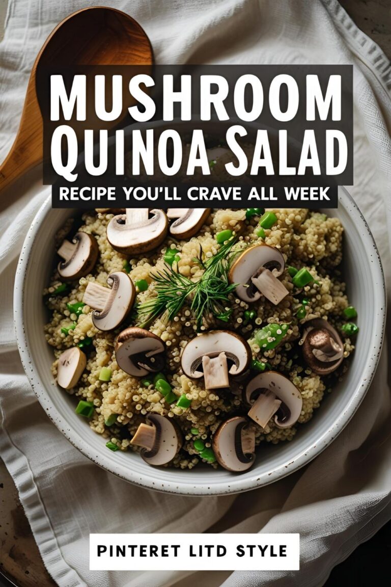 Vibrant bowl of mushroom quinoa salad with herbs and feta, styled beautifully for a fresh, healthy food aesthetic.