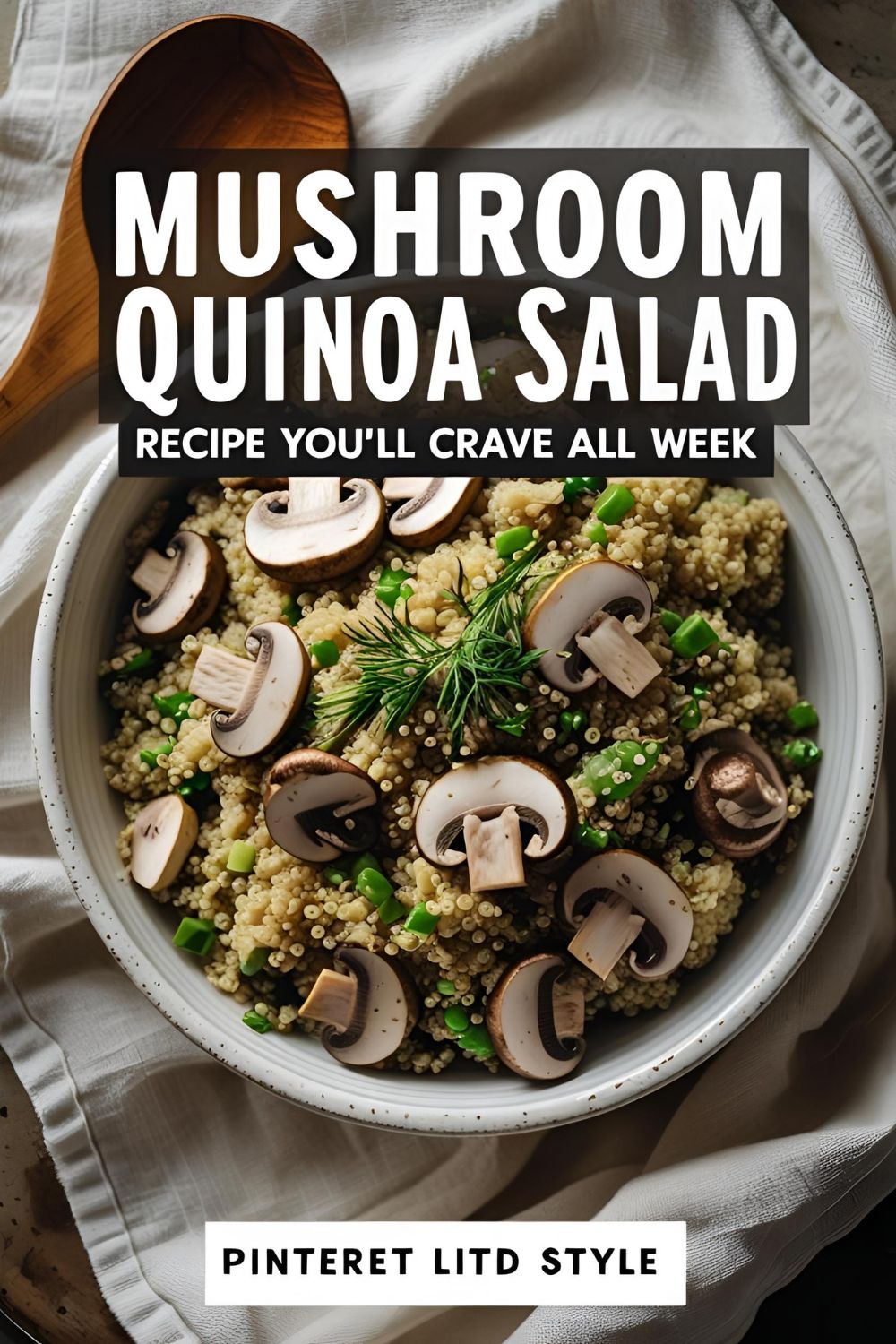 Vibrant bowl of mushroom quinoa salad with herbs and feta, styled beautifully for a fresh, healthy food aesthetic.