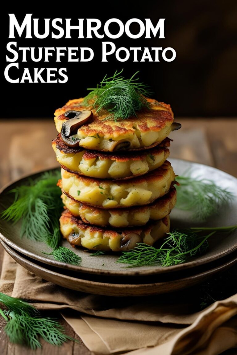 Golden-brown mushroom stuffed potato cakes served on a rustic plate with fresh herbs