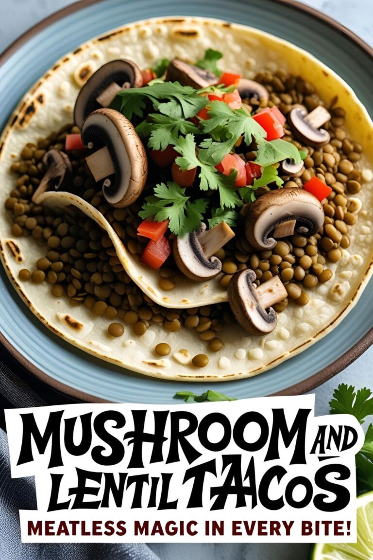 Close-up of a mushroom and lentil taco with fresh toppings on a rustic plate.