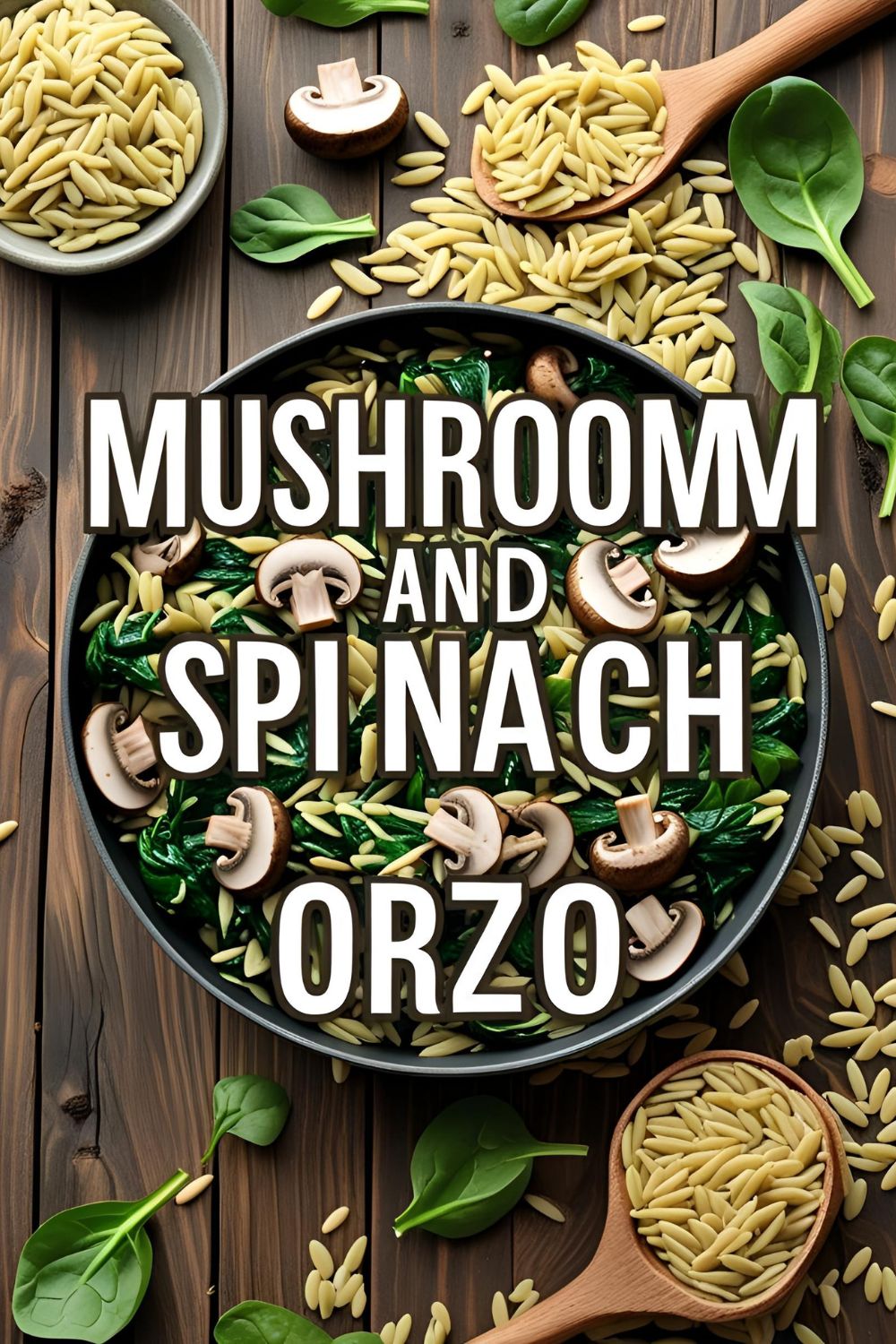 Creamy mushroom and spinach orzo plated with parsley garnish