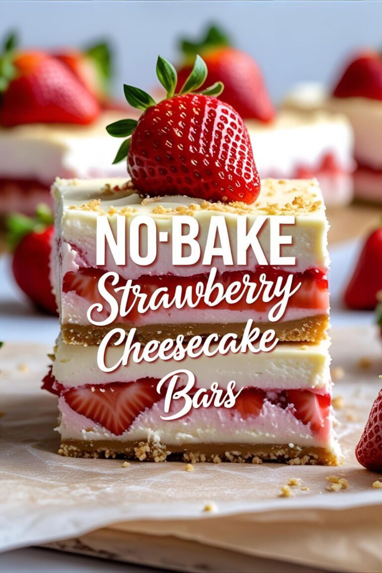 Close-up of no‑bake strawberry cheesecake bars on a serving board.