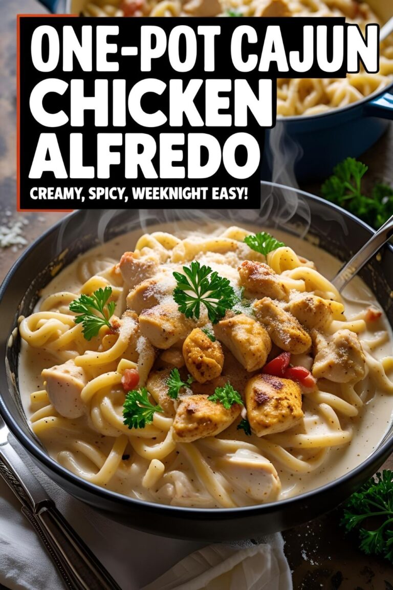 Creamy One-Pot Cajun Chicken Alfredo served hot with spicy chicken and parmesan garnish in a rustic dinner setting.