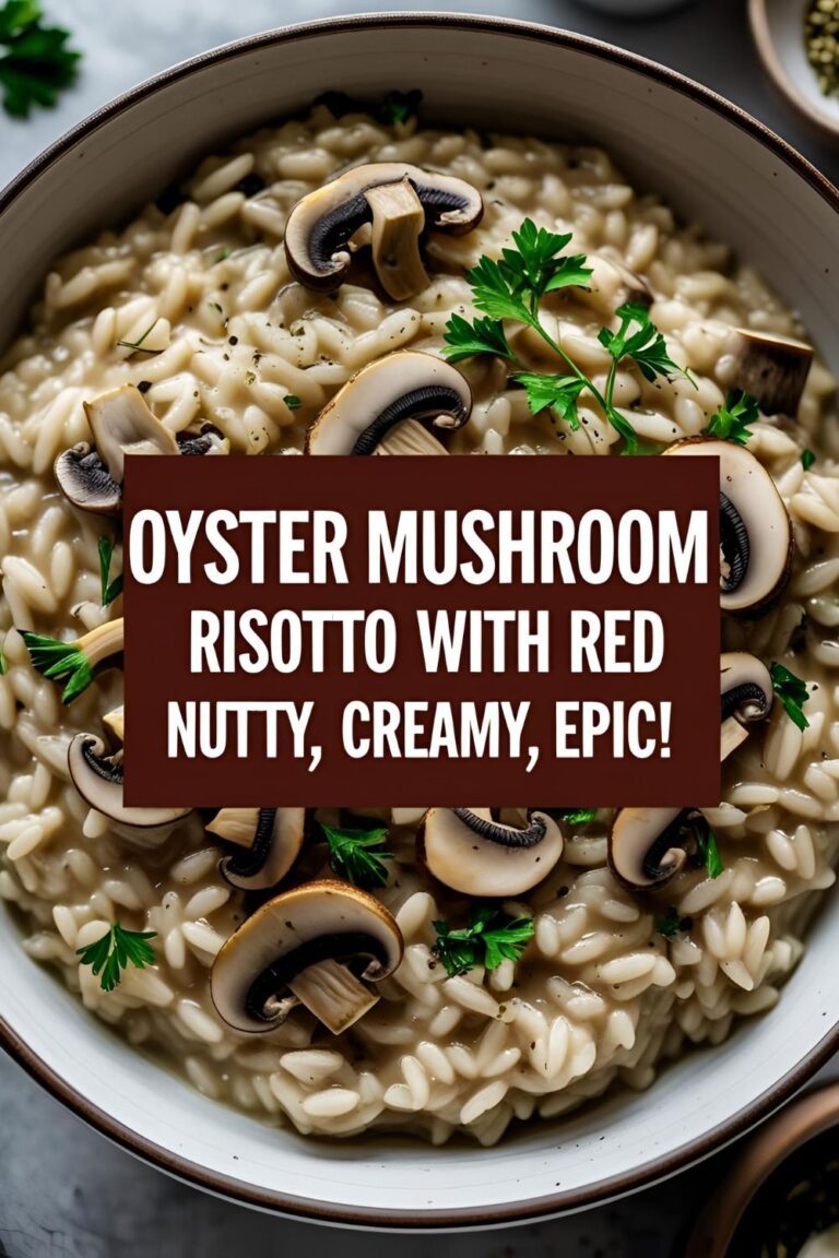 Creamy bowl of oyster mushroom risotto with red rice garnished with parsley on wooden table.