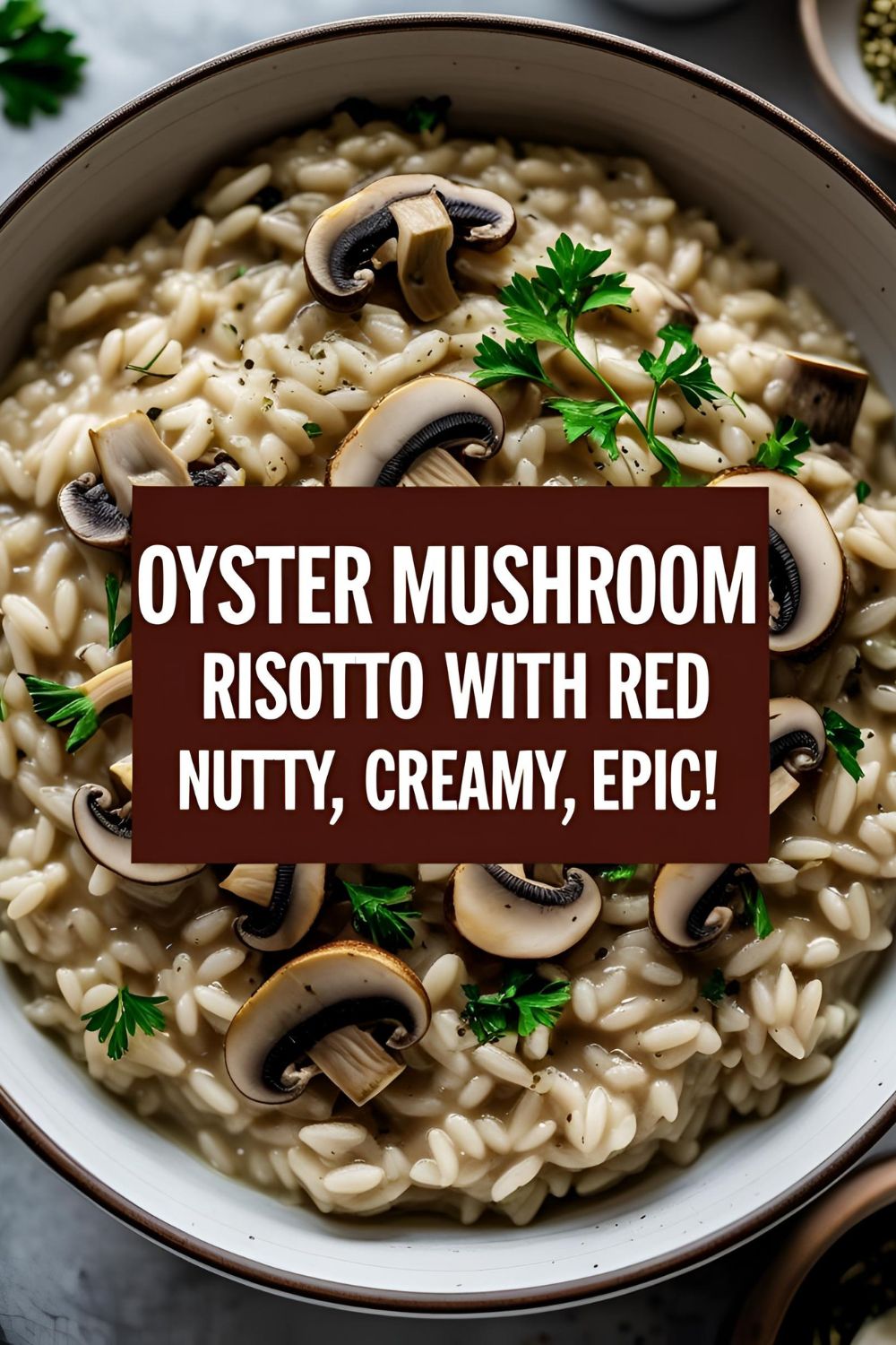 Creamy bowl of oyster mushroom risotto with red rice garnished with parsley on wooden table.