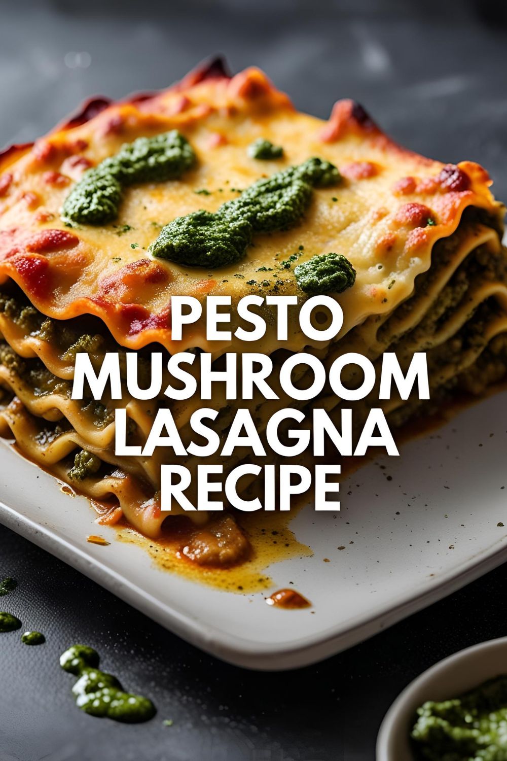 Slice of pesto mushroom lasagna on rustic plate, garnished with fresh pesto and basil