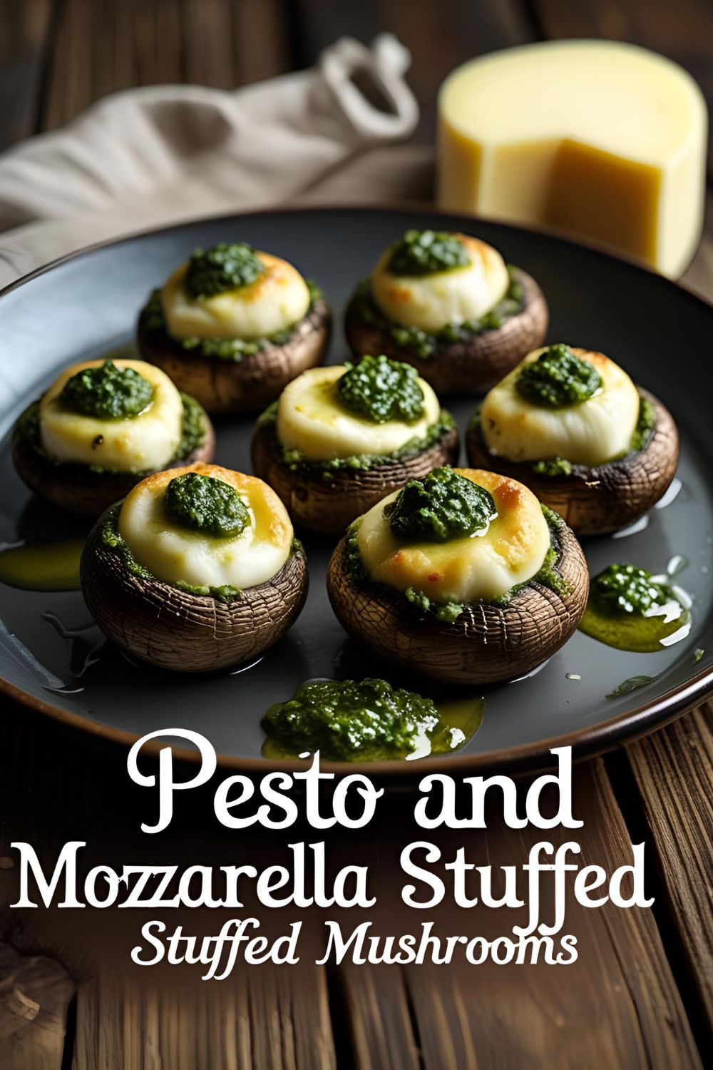 Cheesy pesto and mozzarella stuffed mushrooms on a serving plate, ready to wow any party