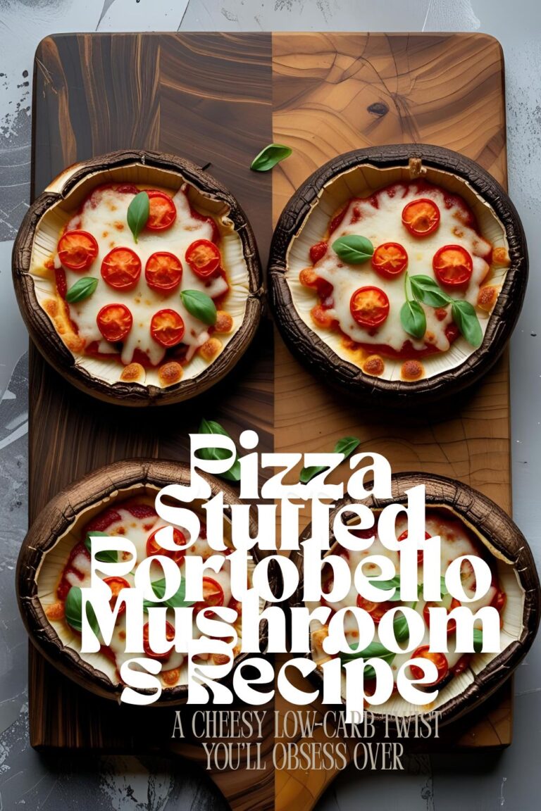 Overhead view of cheesy pizza stuffed portobello mushrooms topped with pepperoni and herbs on a wooden board