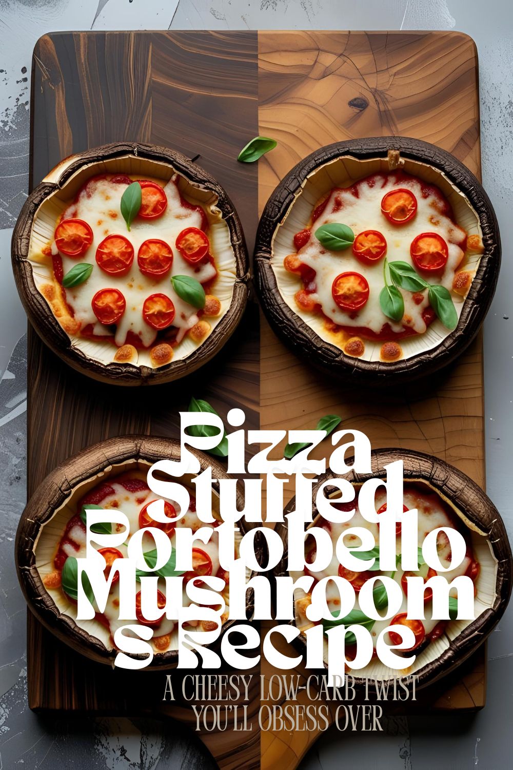 Overhead view of cheesy pizza stuffed portobello mushrooms topped with pepperoni and herbs on a wooden board