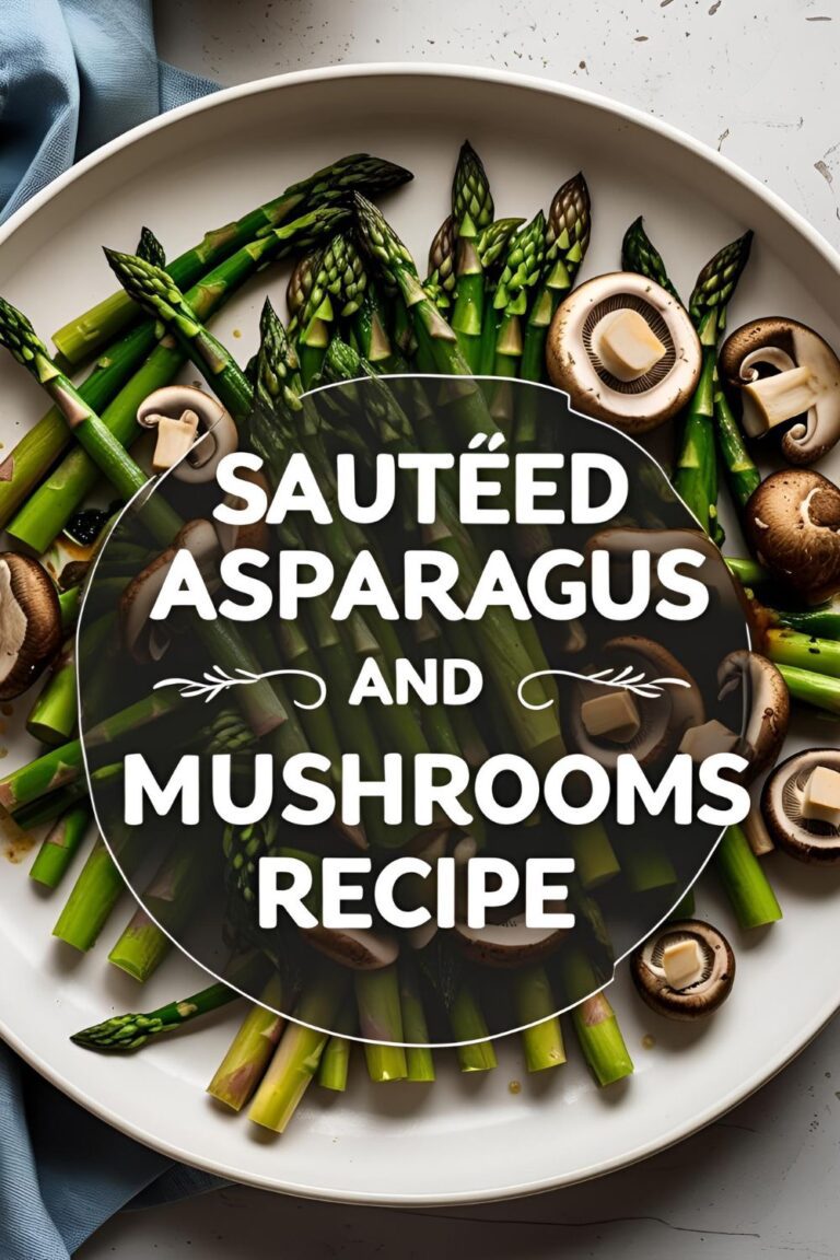 A skillet filled with sautéed asparagus and mushrooms, garnished with fresh herbs.