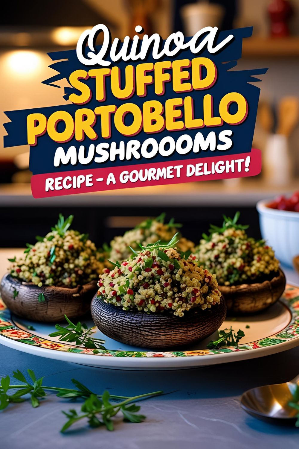 A beautifully plated quinoa stuffed portobello mushroom garnished with fresh basil