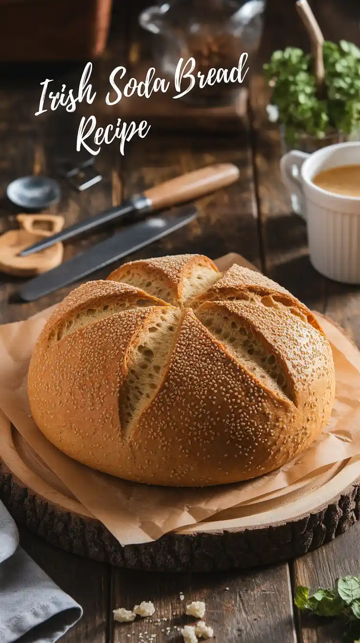 A rustic loaf of Irish soda bread sliced to show fluffy crumb.