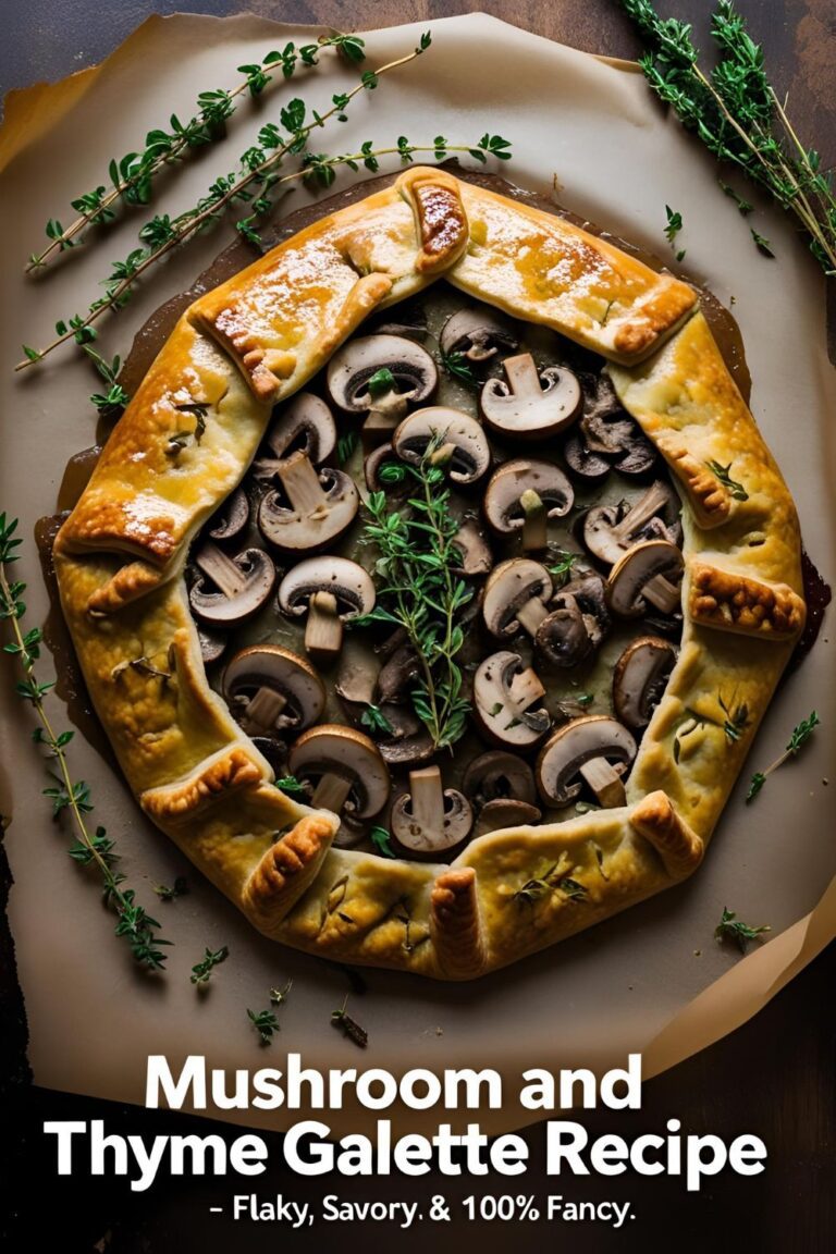Rustic galette with mushrooms and thyme on a wooden board with golden crust and melted cheese