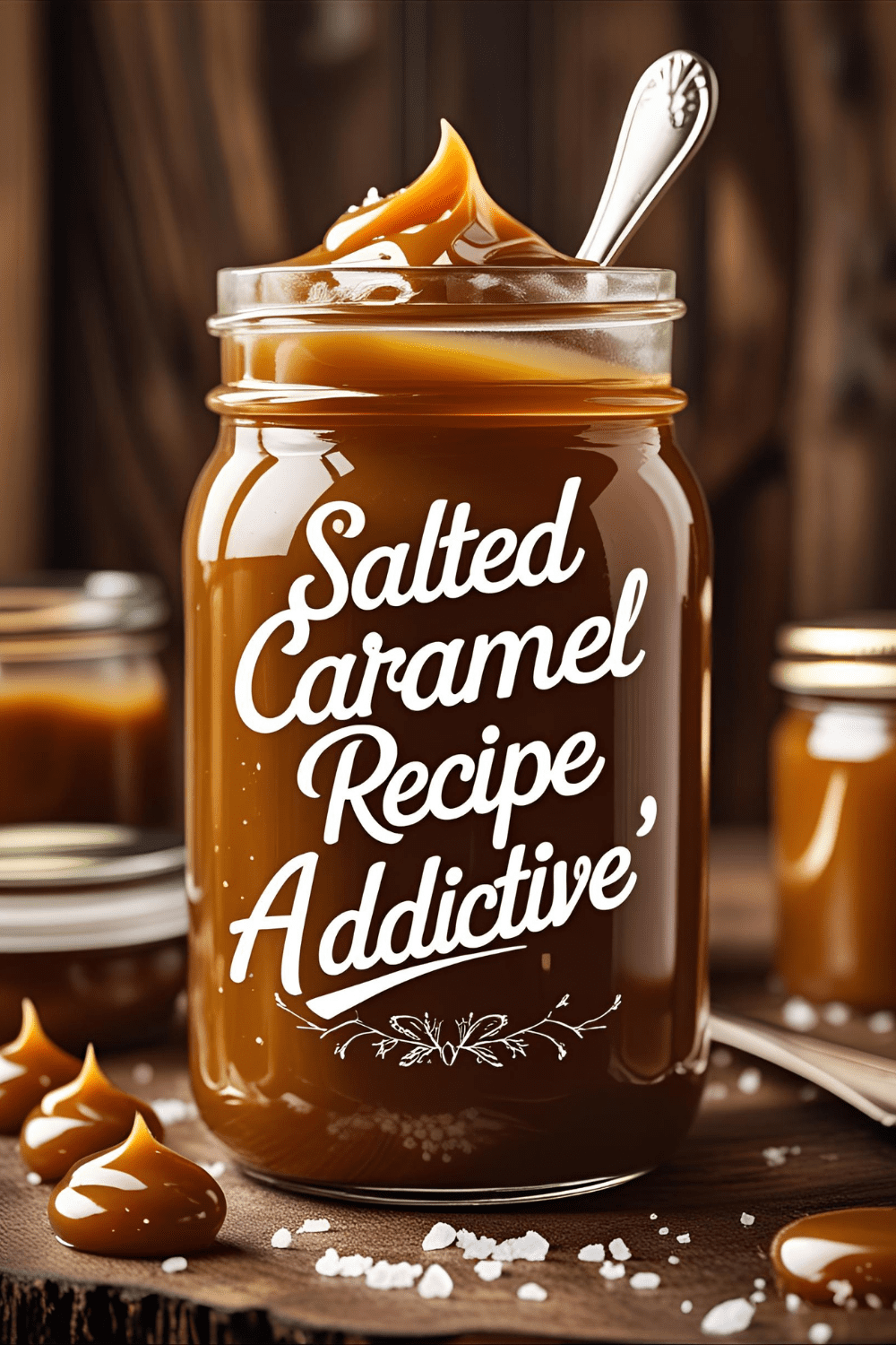 Jar of silky homemade salted caramel drizzled from a spoon.