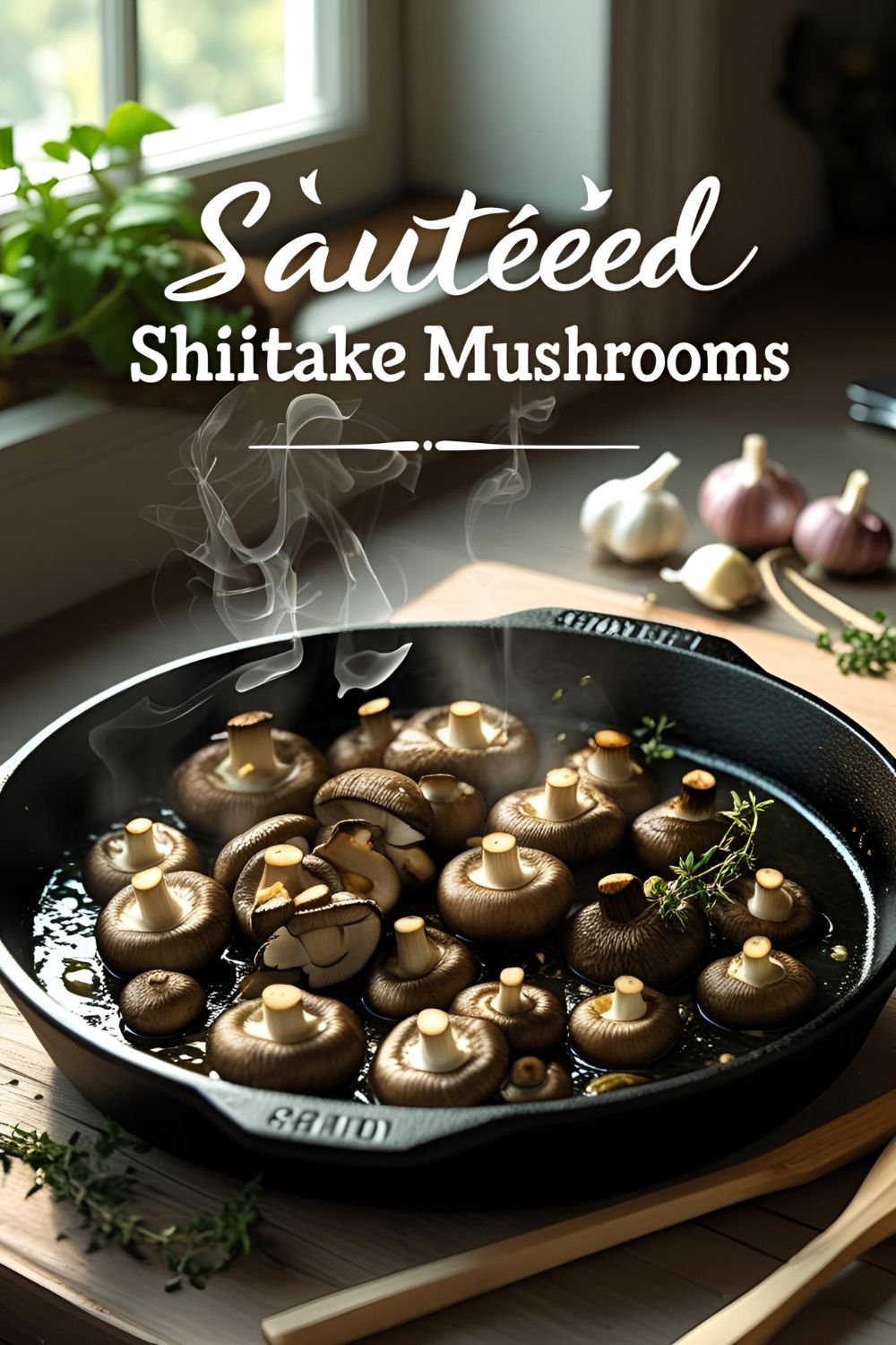 Sautéed shiitake mushrooms in skillet with garlic and herbs