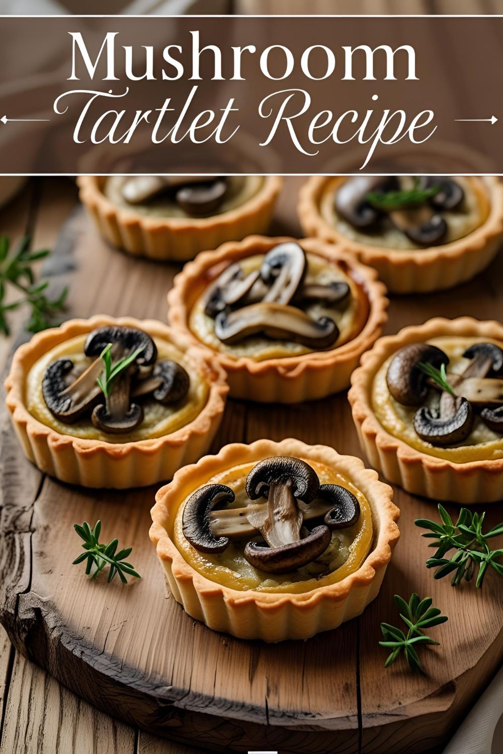 Golden-brown mushroom tartlets served on a rustic wooden board, garnished with fresh herbs.