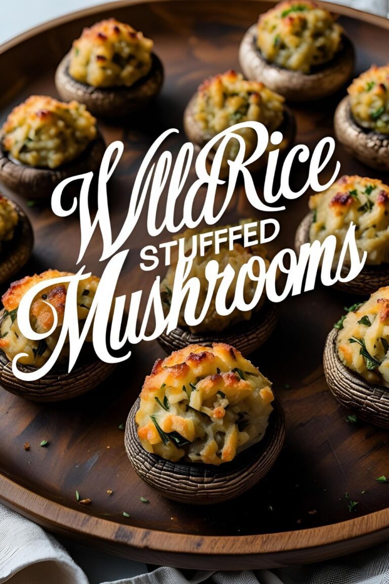 Golden-brown wild rice stuffed mushrooms garnished with fresh parsley on a rustic platter
