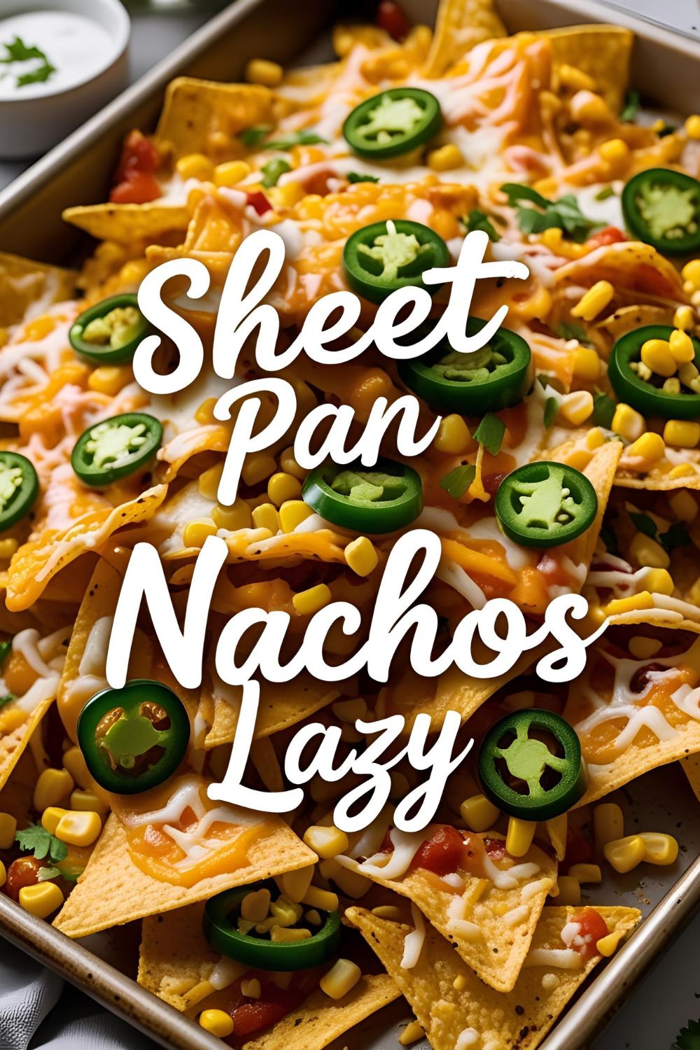 Sheet pan nachos loaded with cheese, chicken, beans, jalapeños on a crispy bake.