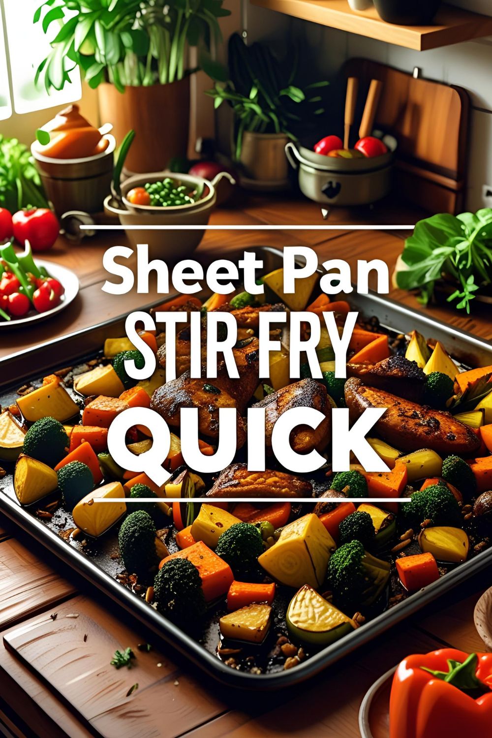Sheet pan with colorful roasted vegetables and protein topped with sesame seeds.