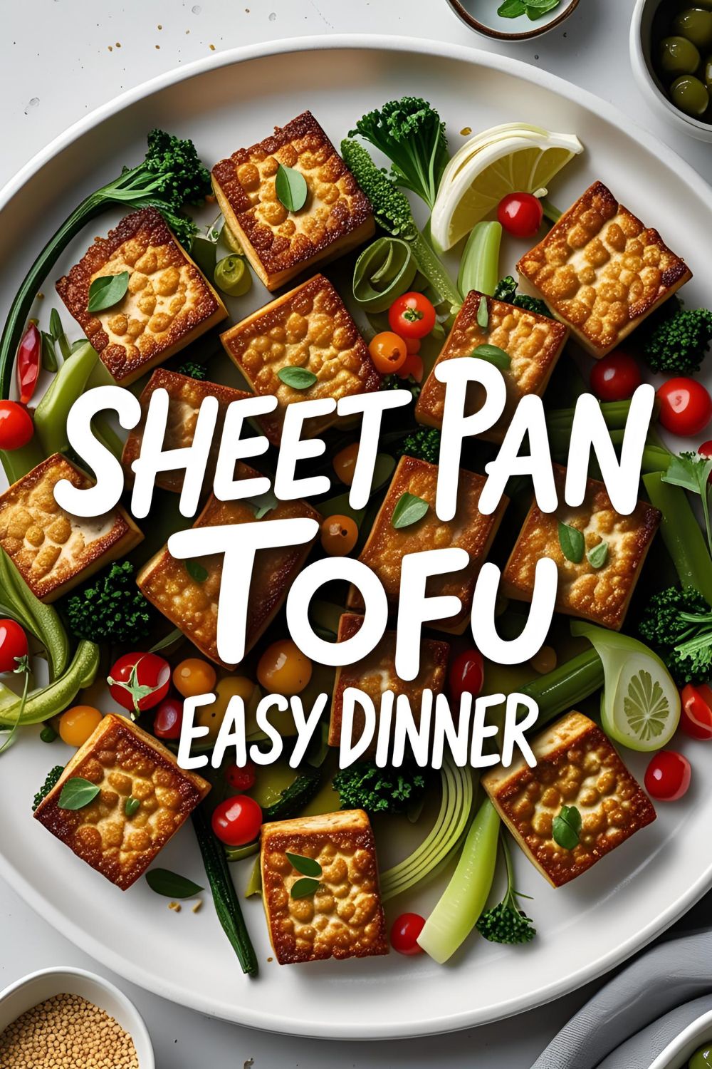 Crispy golden tofu cubes and roasted veggies on a sheet pan garnished with sesame seeds and cilantro.