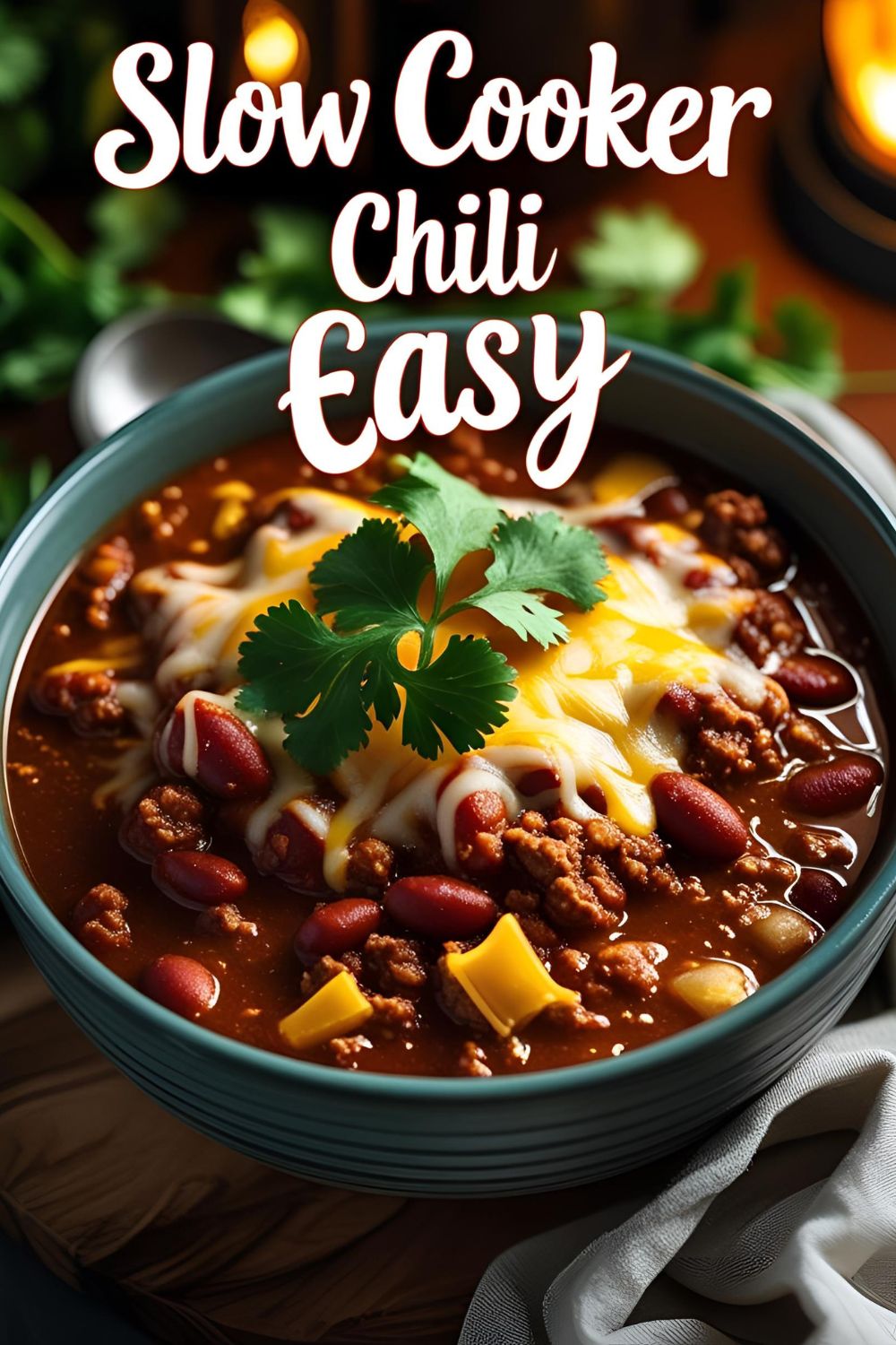 Bowl of rich chili topped with cheese and cilantro