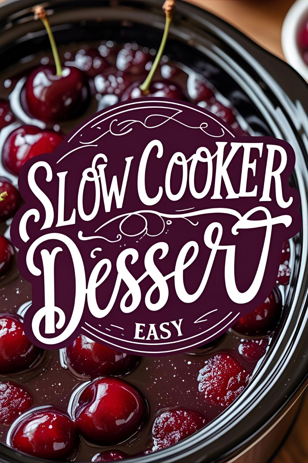 Cherry slow cooker dessert bubbling in crockpot, ready to serve.