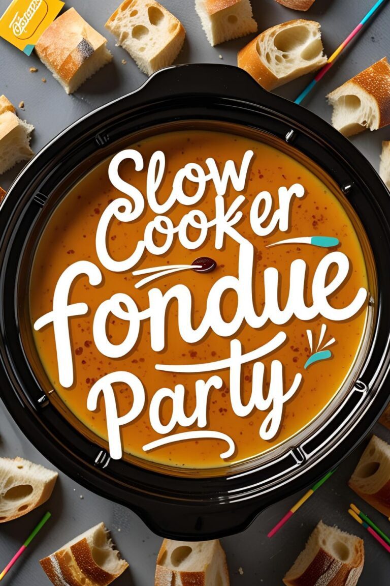 Bubbly melted cheese fondue in slow cooker with bread skewers