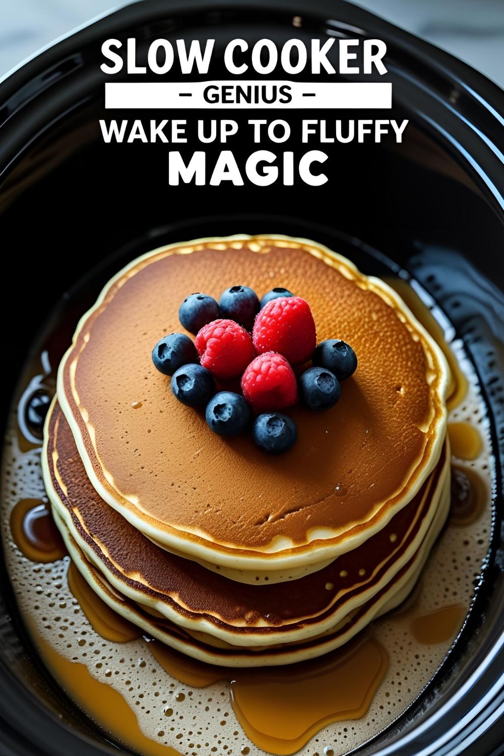 Golden slow cooker pancake ready to serve topped with berries.