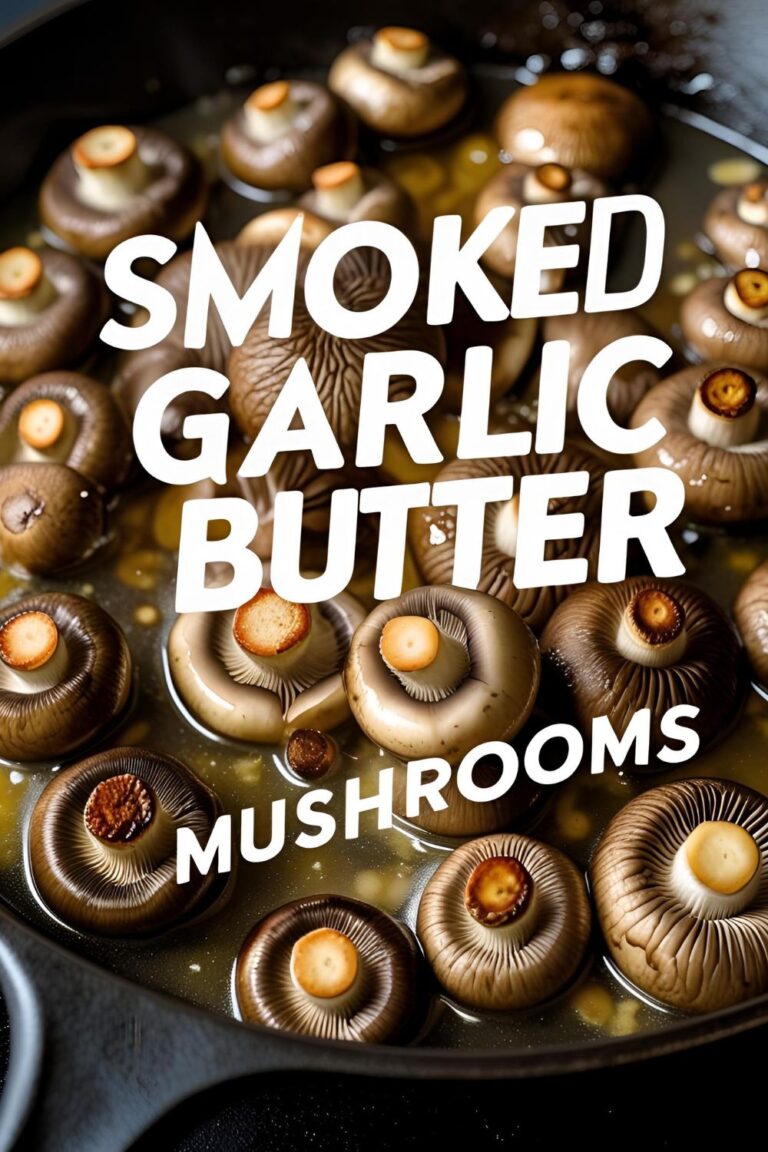 Close-up of smoked garlic butter mushrooms in a skillet, garnished with parsley on a rustic background.