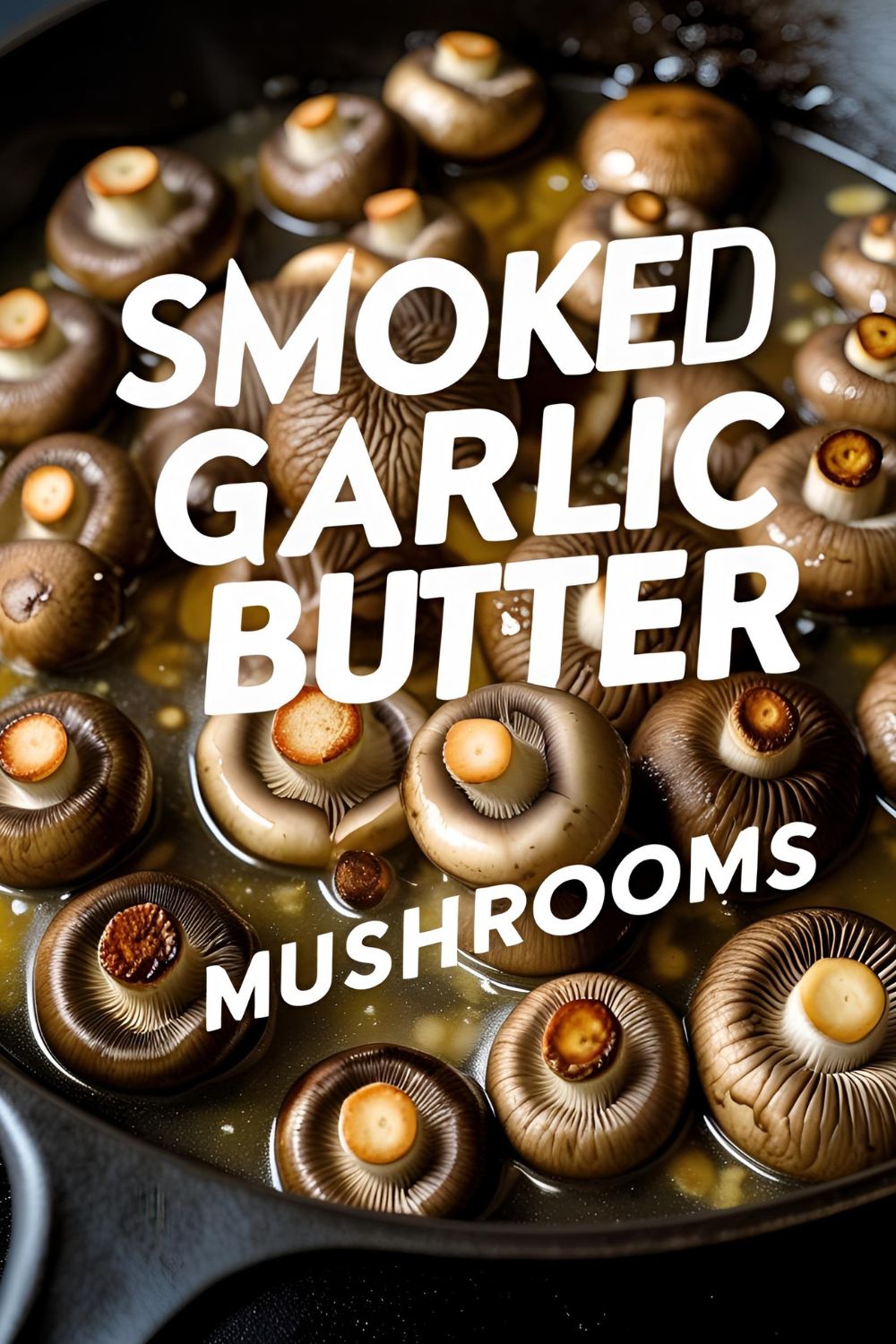 Close-up of smoked garlic butter mushrooms in a skillet, garnished with parsley on a rustic background.