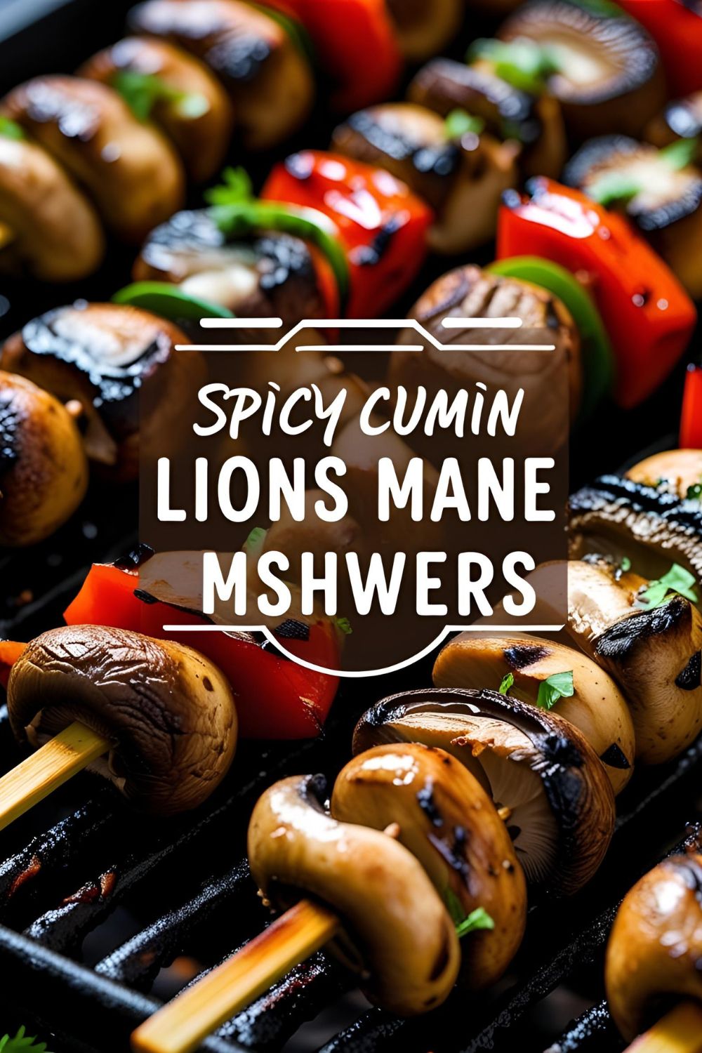 Spicy Cumin Lions Mane Mushroom Skewers perfectly grilled on skewers, vibrant and ready to eat.
