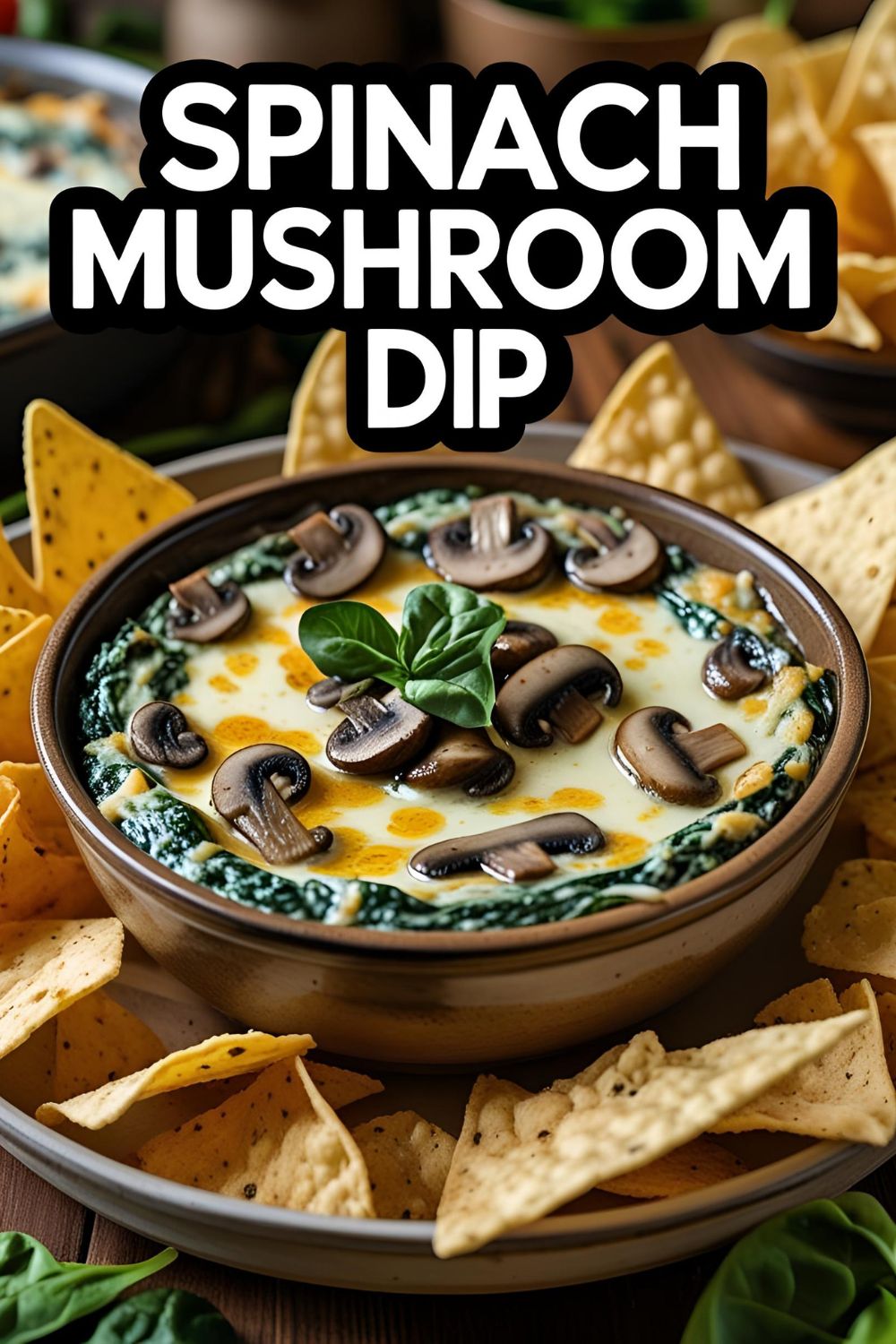 Close-up of creamy spinach mushroom dip bubbling in a dish, surrounded by crackers.