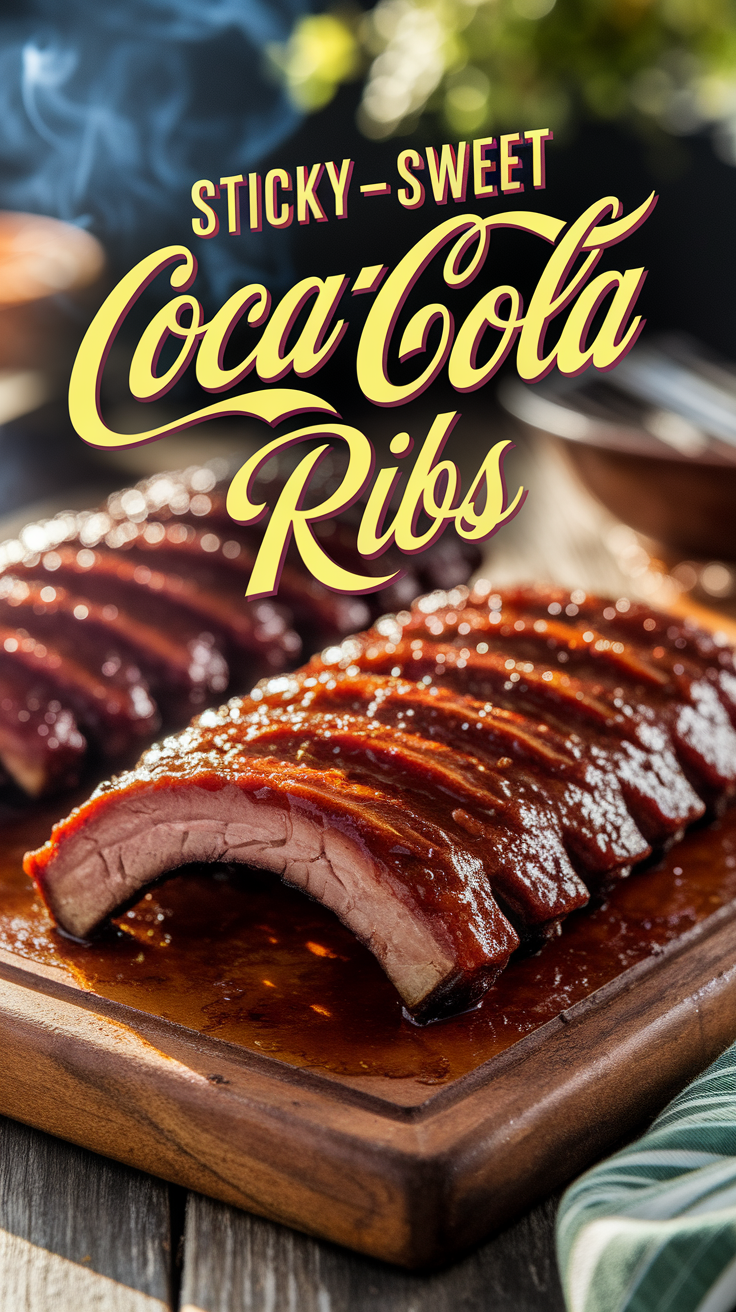 Glazed Coca‑Cola ribs on a wooden board with parsley garnish.