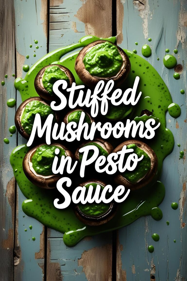 Gooey baked stuffed mushrooms filled with pesto sauce, garnished with parsley, ready to serve.