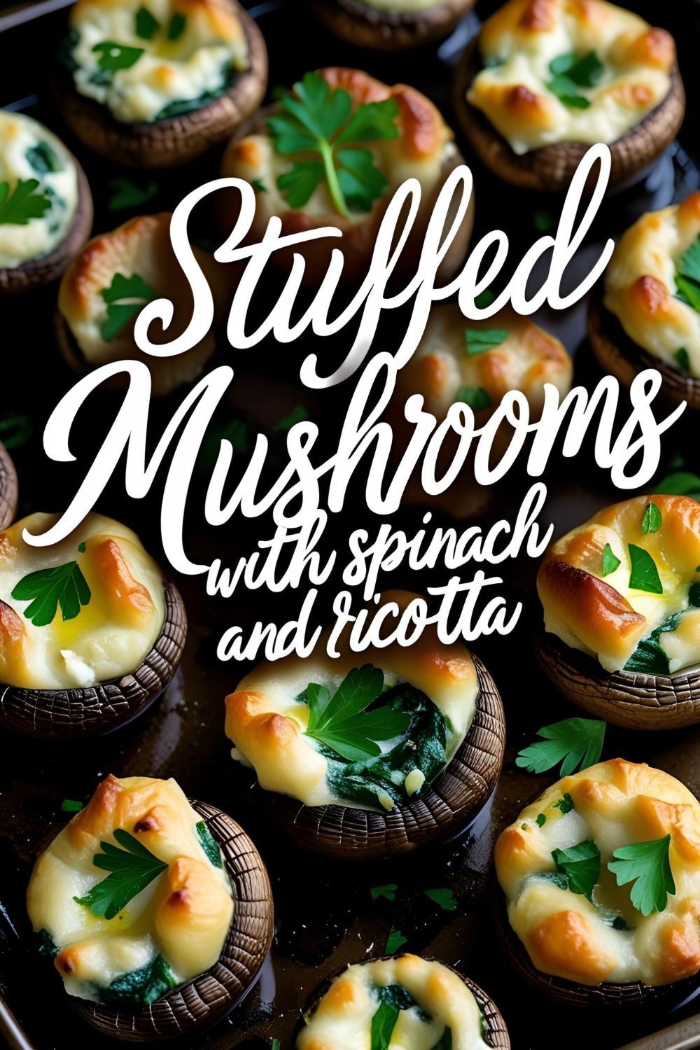 Golden baked stuffed mushrooms filled with spinach and ricotta, sprinkled with herbs.