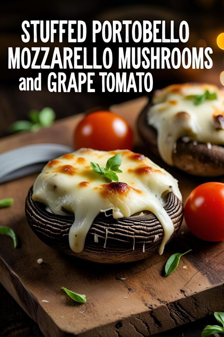 Close-up of stuffed portobello mushroom with melted mozzarella and grape tomatoes garnished with basil.