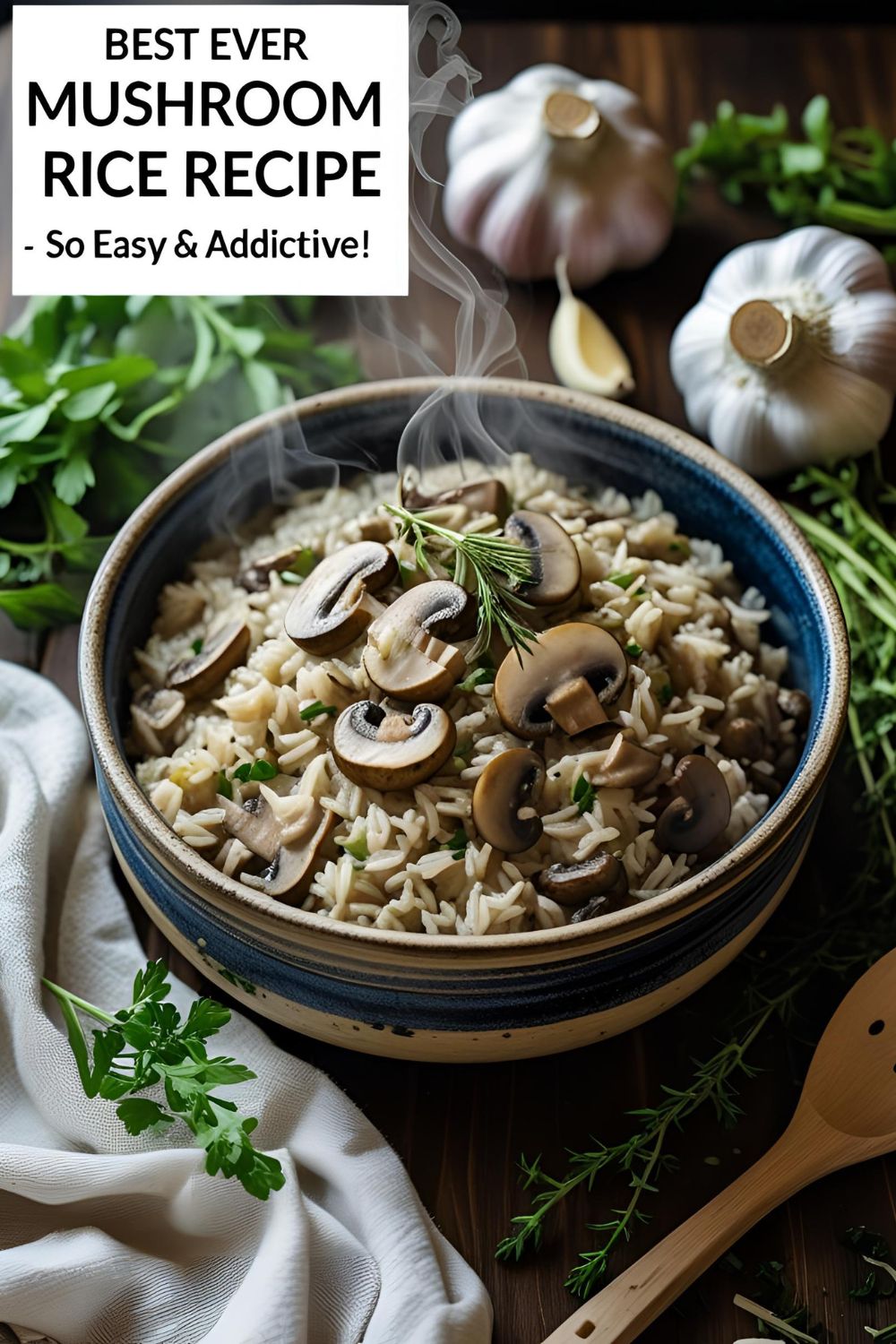 A delicious bowl of mushroom rice served hot and fluffy with herbs on top.