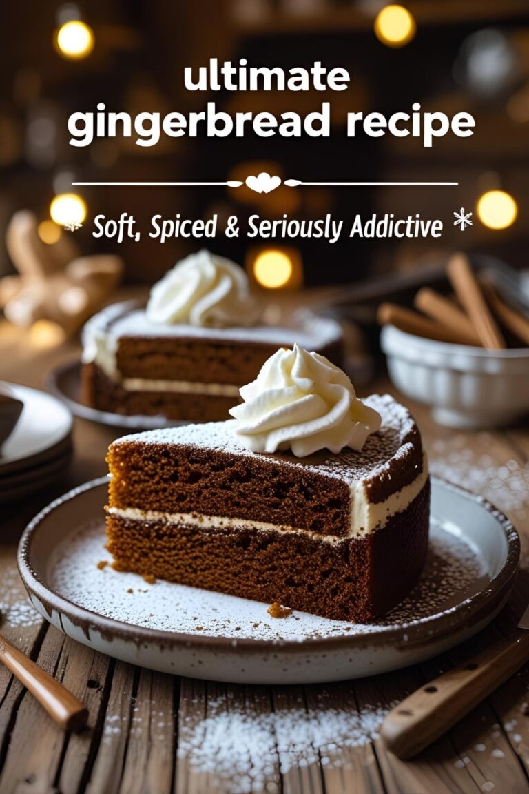 A slice of moist gingerbread cake topped with whipped cream and powdered sugar on a rustic table with text overlay reading "Ultimate Gingerbread Recipe – Soft, Spiced & Seriously Addictive".