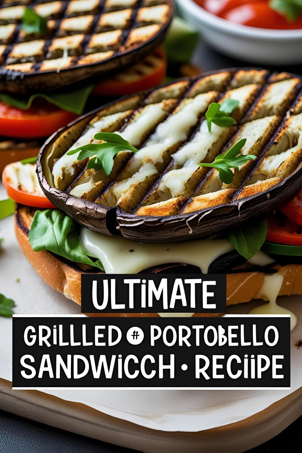 Close-up of a grilled portobello sandwich with melted cheese and fresh vegetables.