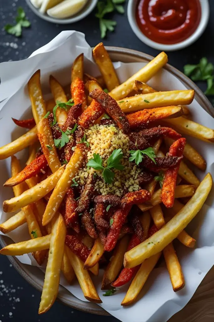 Spicy cajun seasoned fries with dipping sauce in an air fryer basket