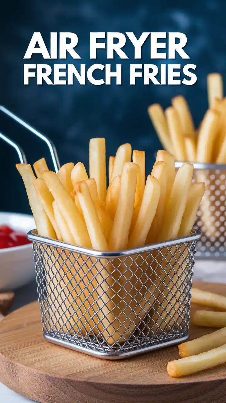 Crispy golden fries topped with garlic and herbs in an air fryer basket