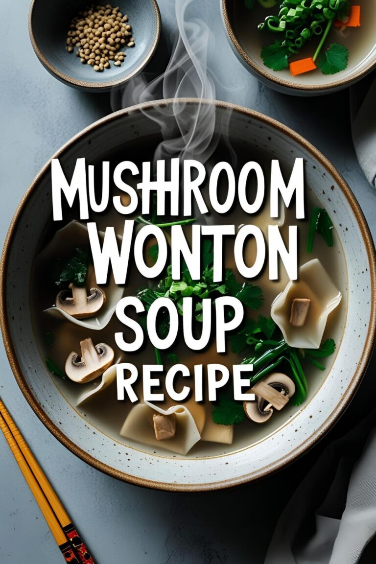 Steamy bowl of mushroom wonton soup with scallions, chopsticks, and a rustic wooden backdrop.