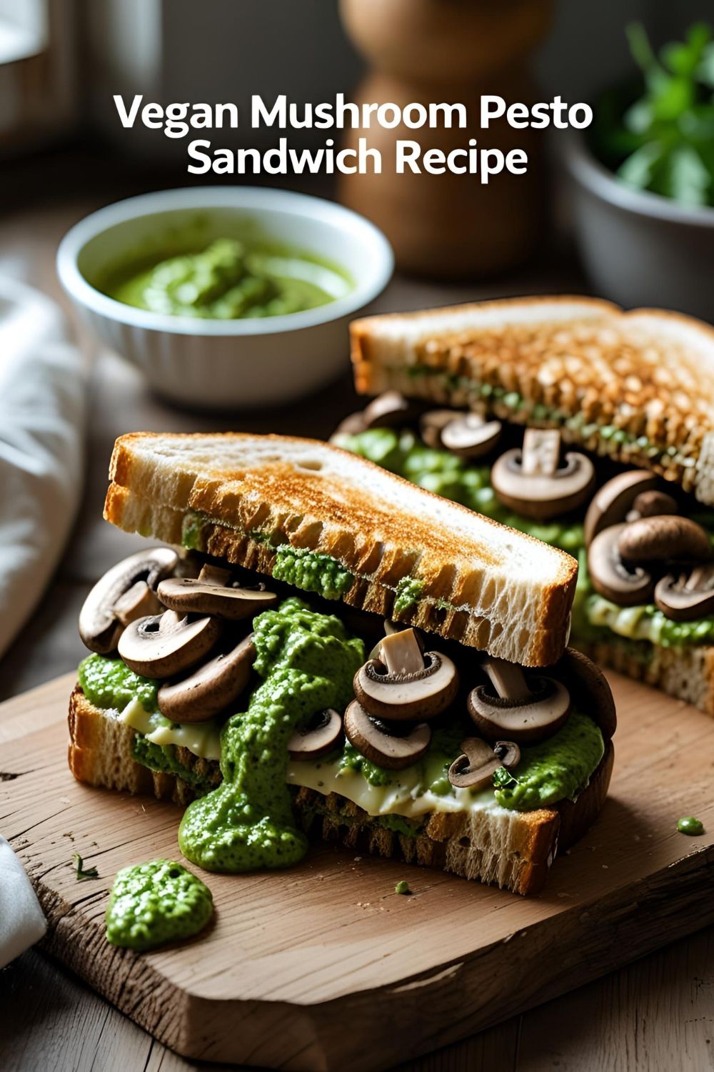 Crispy vegan mushroom pesto sandwich on rustic board with greens and creamy vegan pesto.