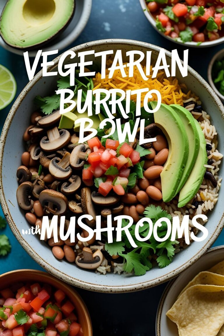 Vibrant vegetarian burrito bowl with mushrooms, black beans, rice, avocado, salsa, and cilantro.