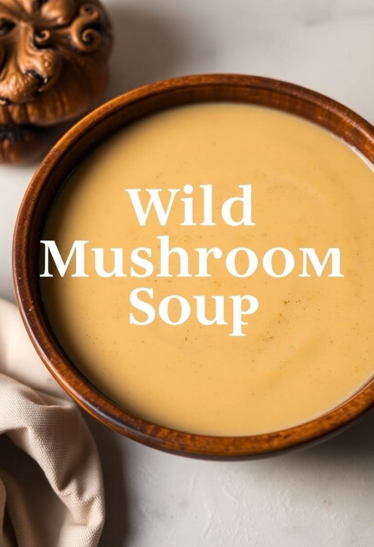 Bowl of creamy wild mushroom soup with parsley garnish and a rustic spoon
